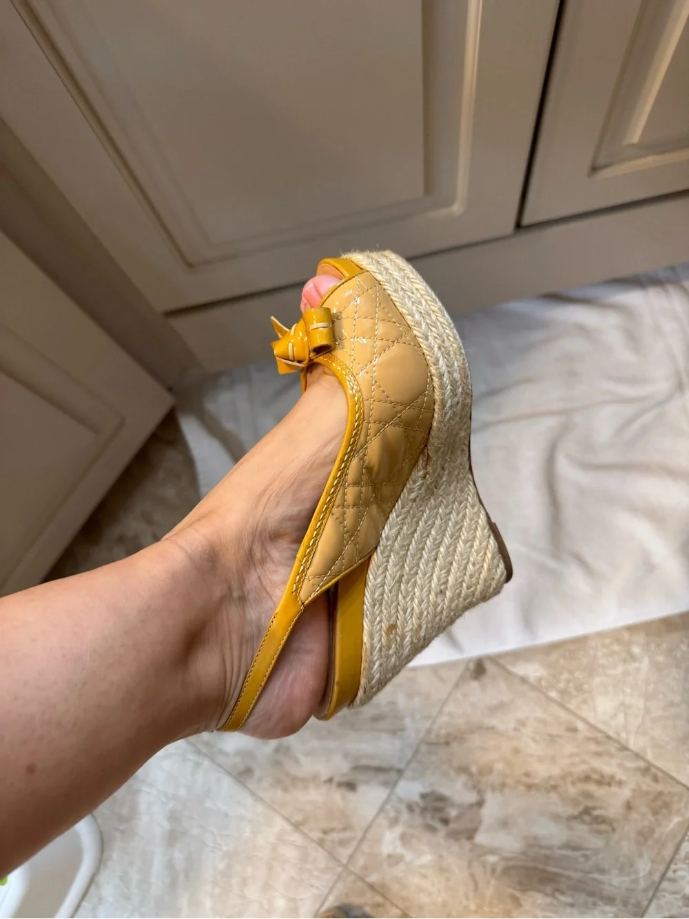Vintage Christian Dior Mustard Yellow Peep-Toe Espadrille Wedges with Bow